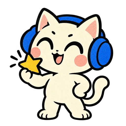 Teacher Gabo, a cream cat with blue headphones, holding a star